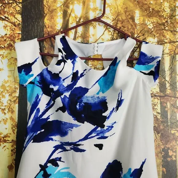 Lauren Ralph Lauren Womens 6 Cold Sholder Cut-Out Floral Crepe Shift Dress Blue - Picture 5 of 16